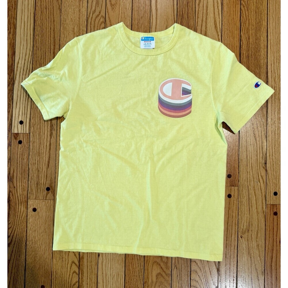 Champion Yellow Graphic Logo T Shirt Men’s Medium 100% Cotton Streetwear